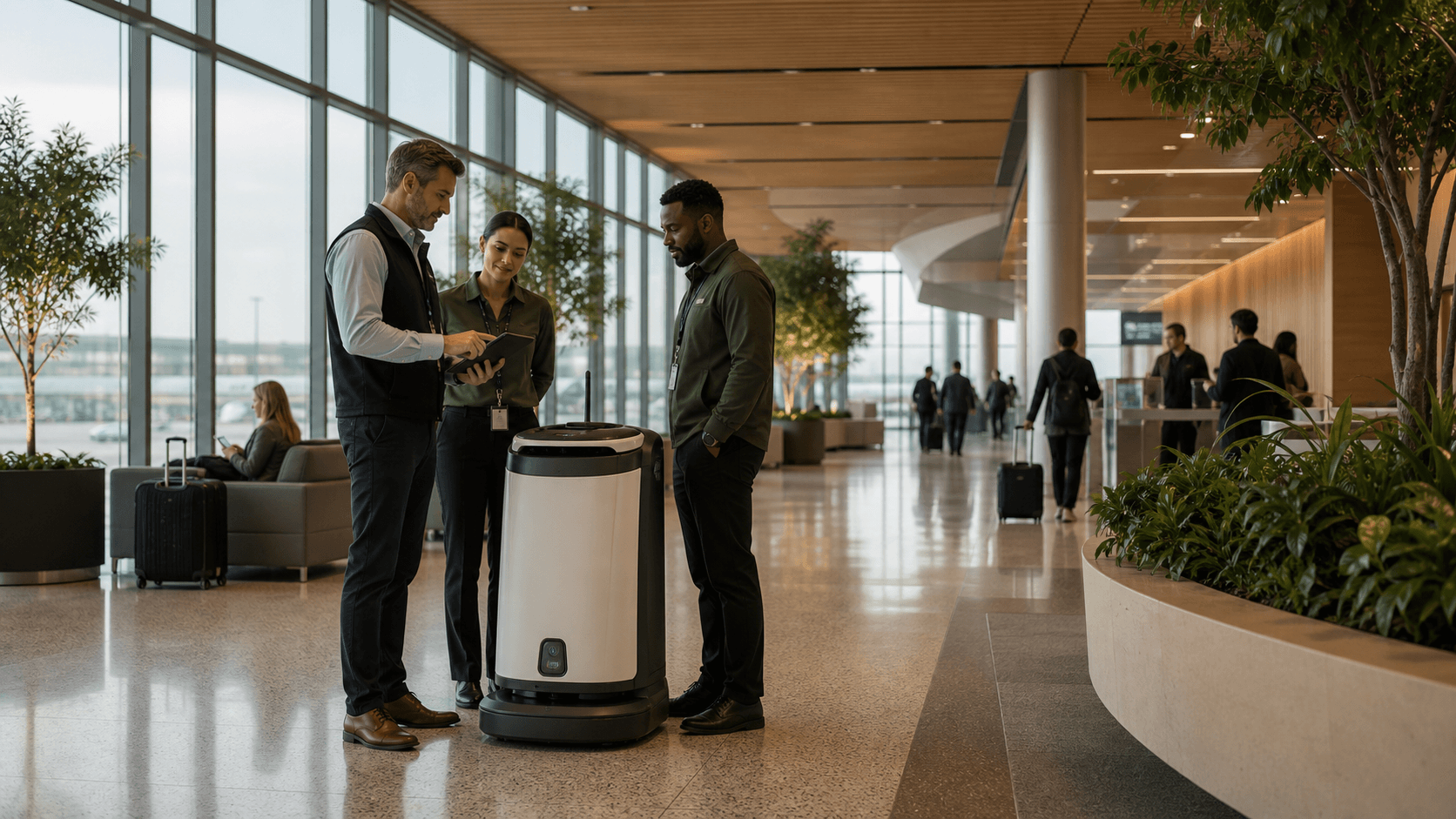 Airport operations staff supervising a service robot in a busy modern terminal concourse.
