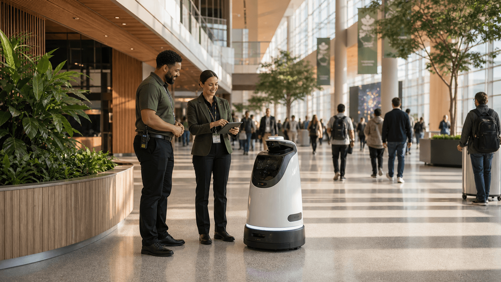 Venue and campus operations staff supervising a service robot in a warm event concourse.
