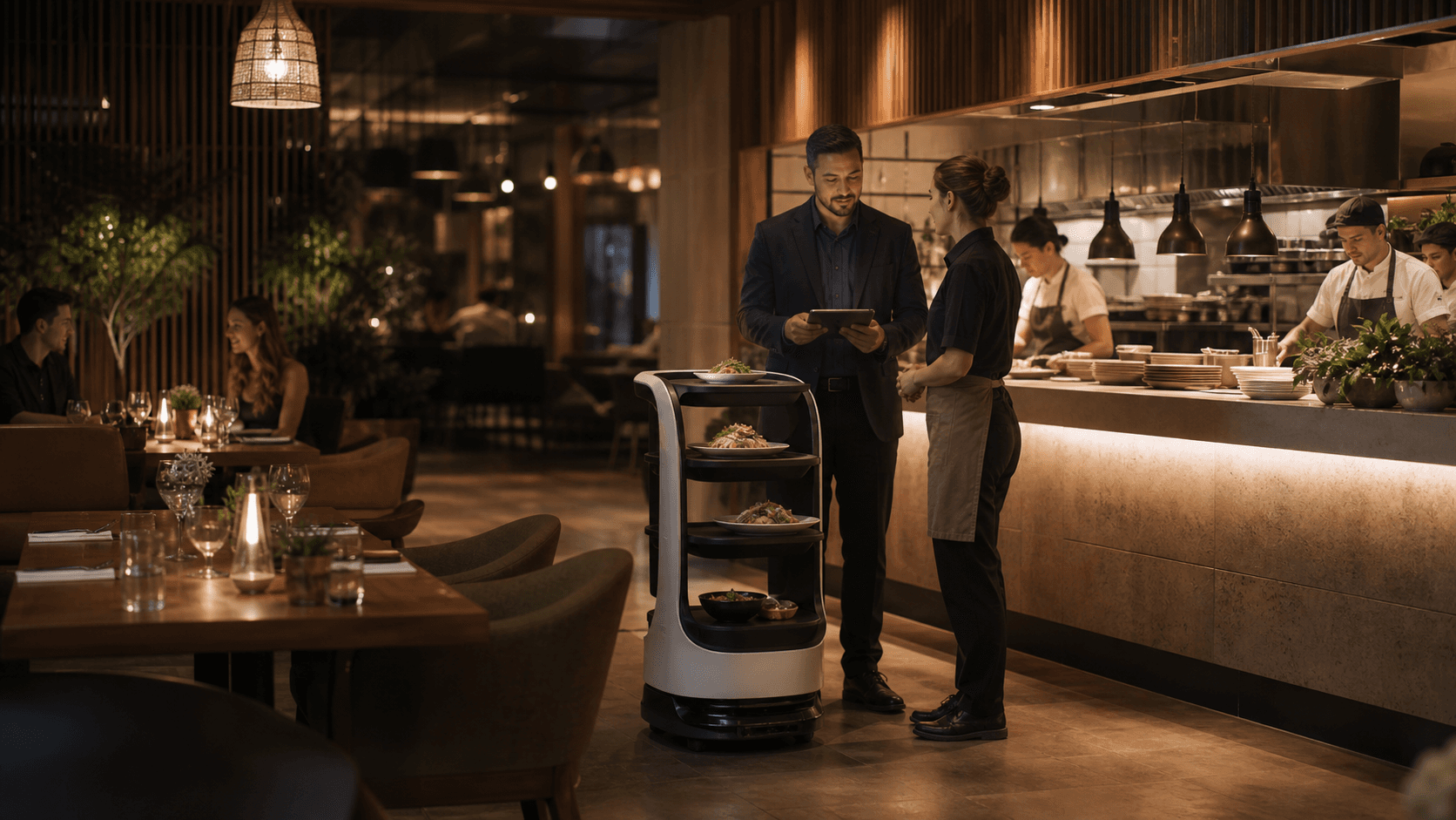 Restaurant operators supervising a service robot beside a warm dining room and kitchen pass.