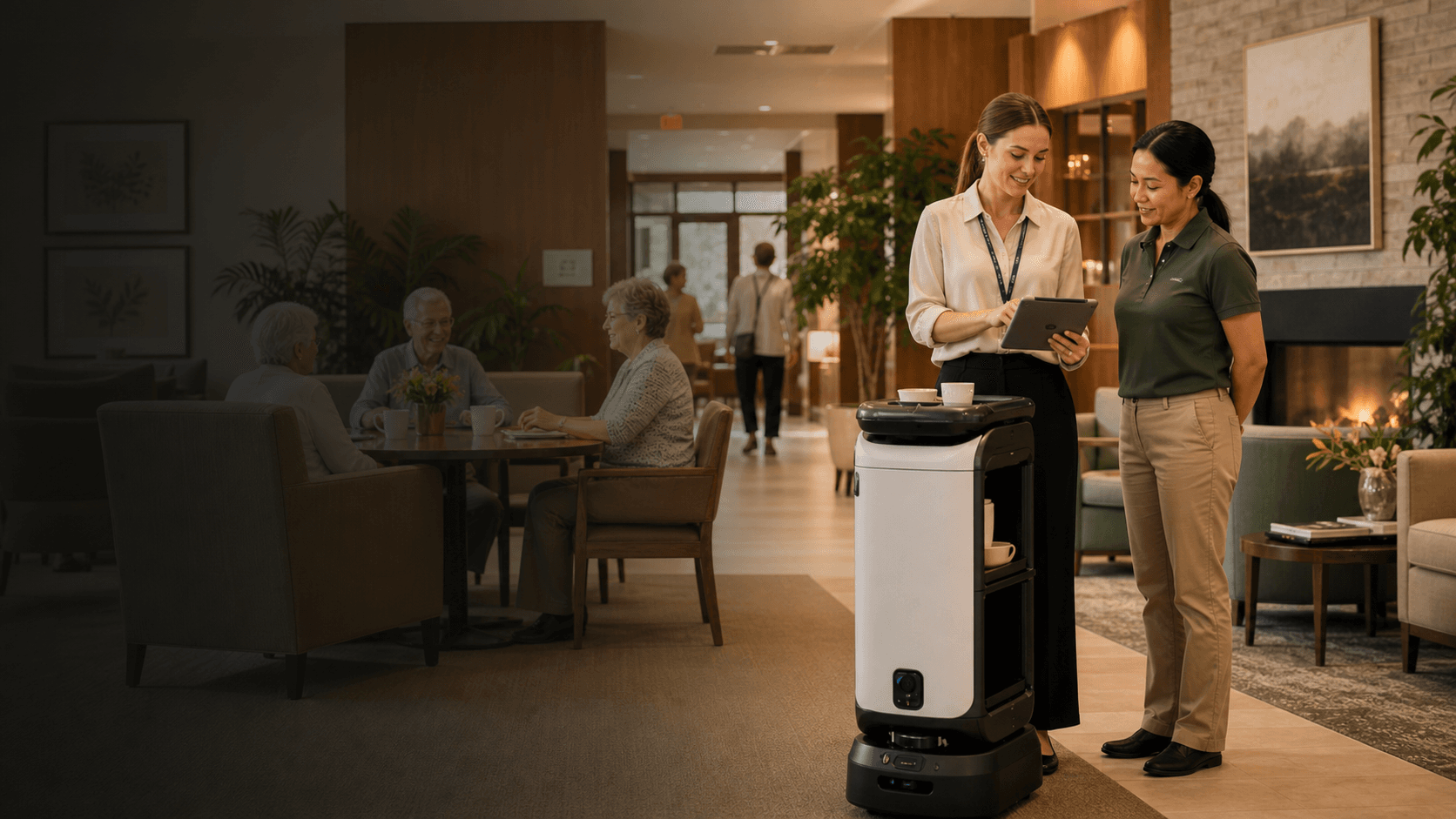 Senior living staff supervising a service robot in a warm non-clinical common area.