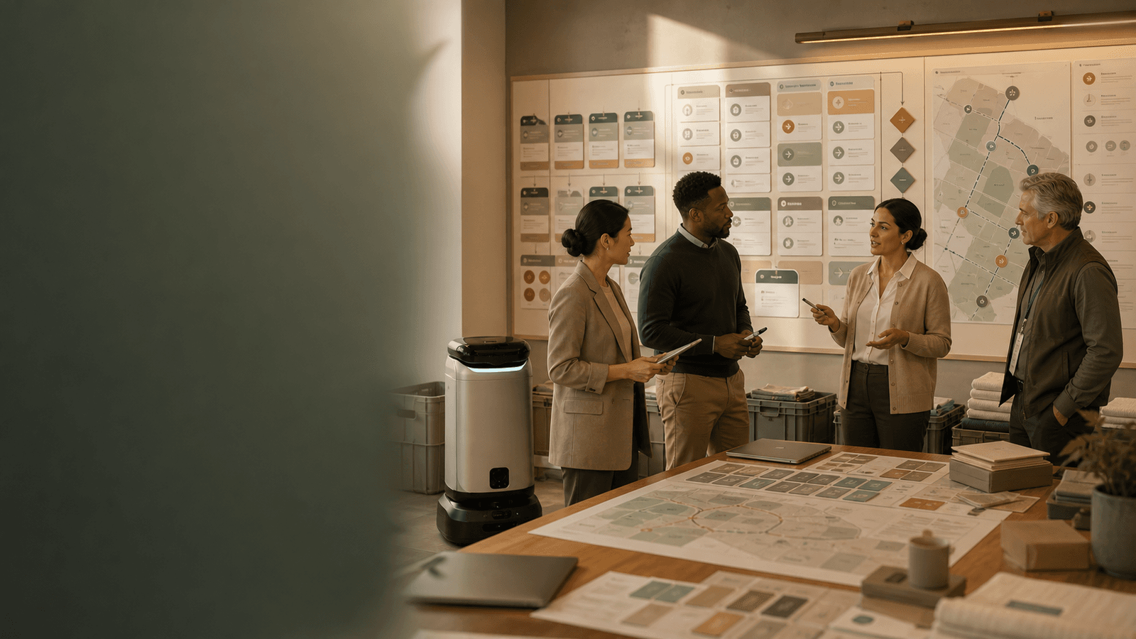 Warm editorial image of a deployment launch checklist, staff huddle, and robot go-live workflow.