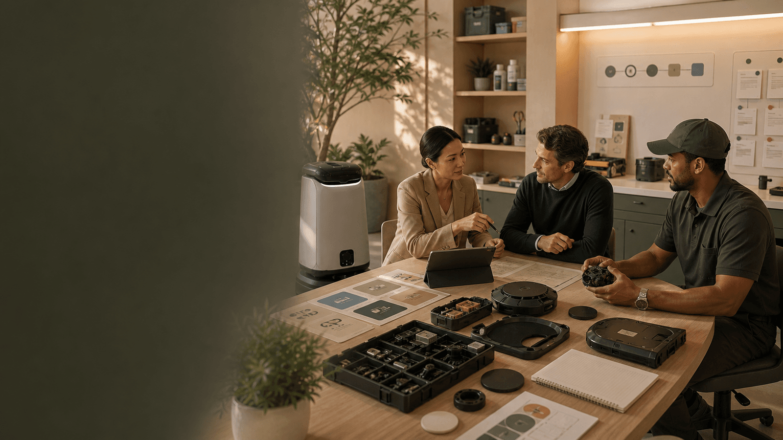 Warm editorial image of robot maintenance planning, technician coordination, service logs, and escalation paths.