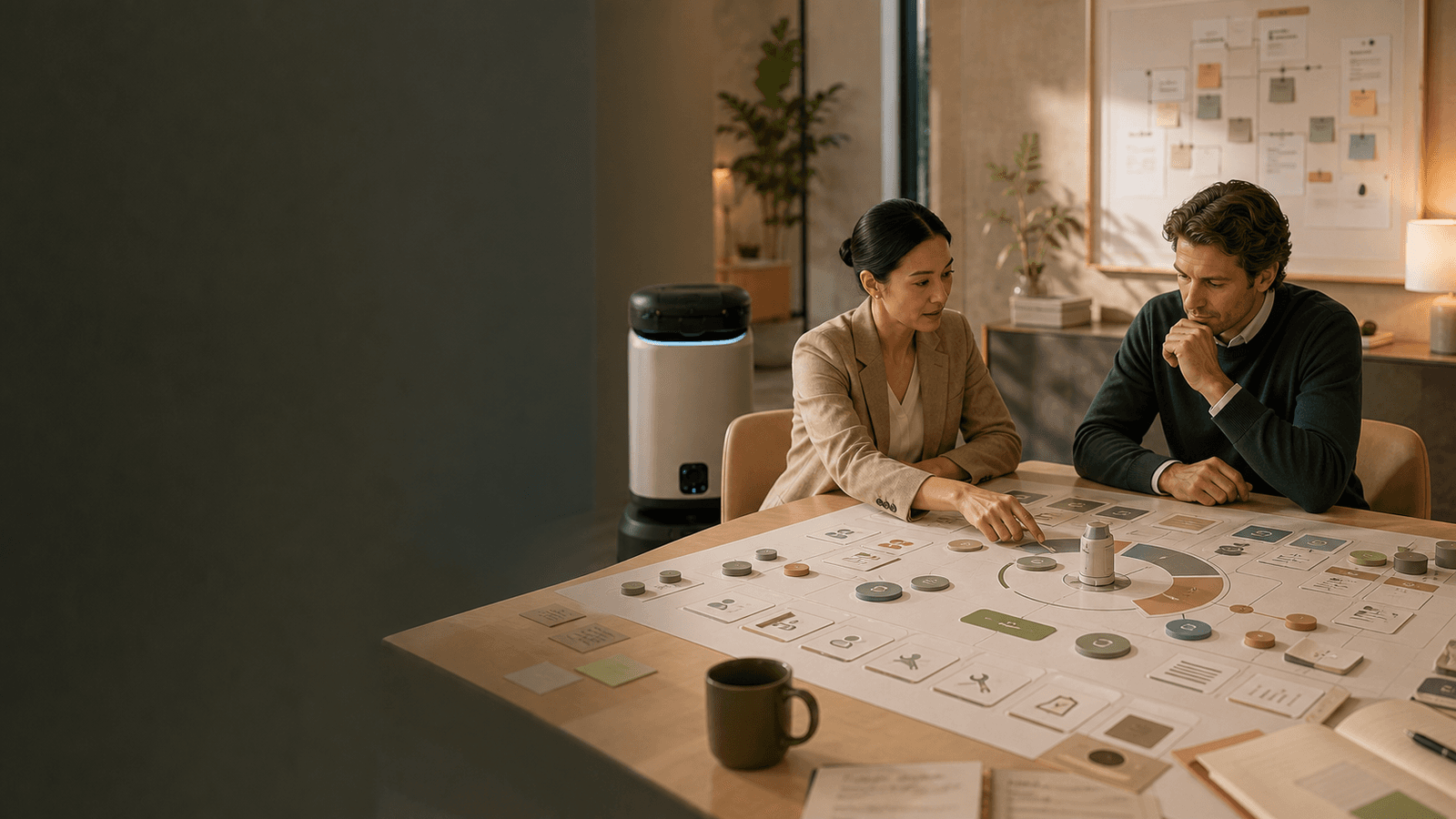 Warm editorial image of an operations desk tracking robot uptime, incidents, support tickets, and workflow issues.