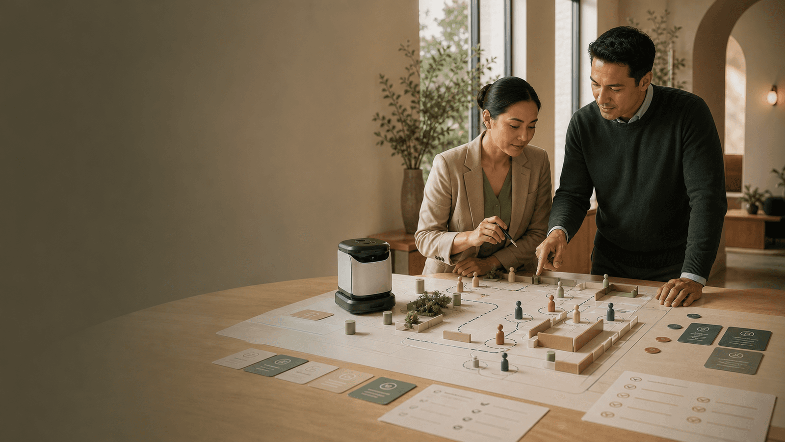Warm editorial image of operations leaders reviewing a site-readiness plan before a robot deployment.