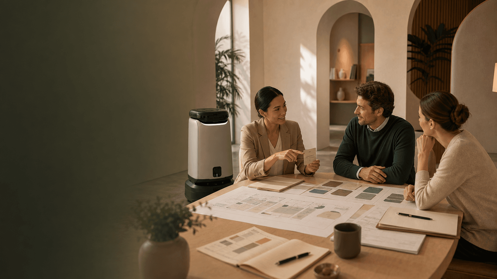 Warm editorial image of operations leaders turning a robot pilot plan into a managed workflow.