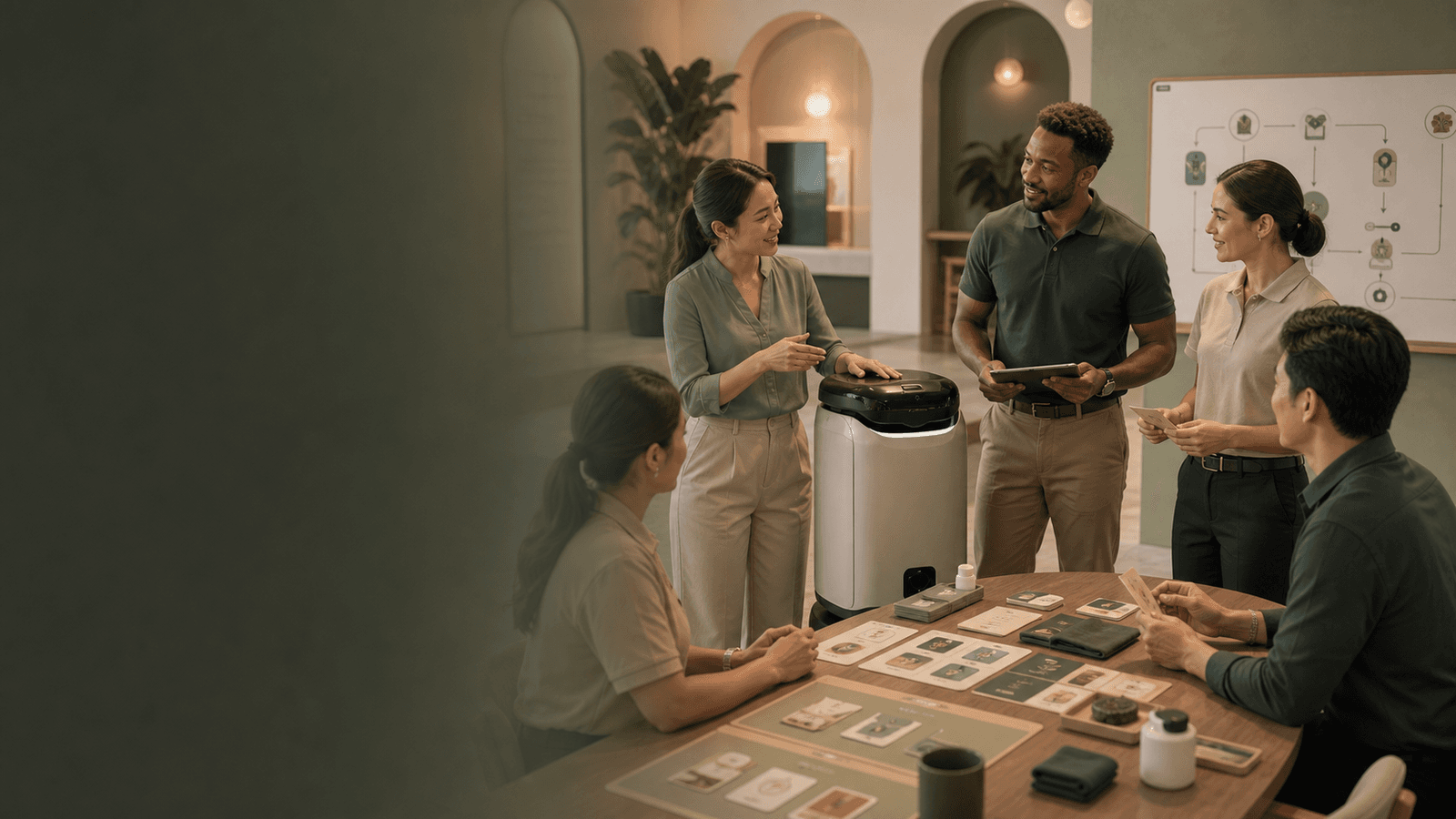 Warm editorial image of staff training around robot handoffs, troubleshooting, and customer interaction.