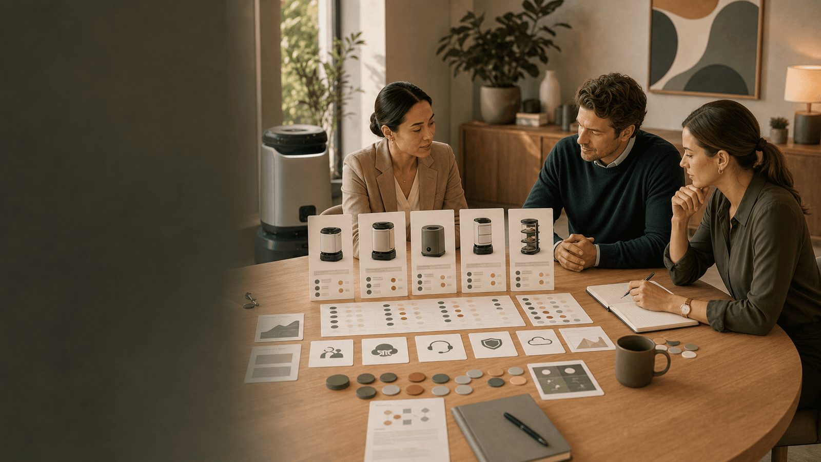 Warm editorial image of a vendor comparison table, robot options, and operating-fit criteria.
