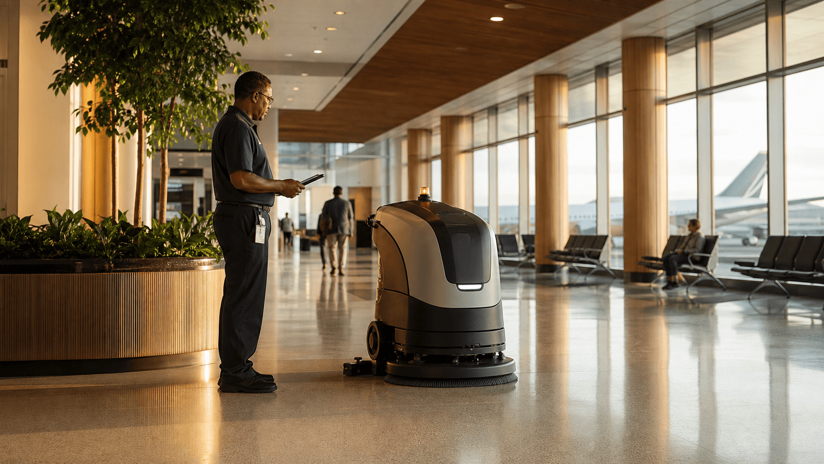 Airport facilities staff supervising an autonomous floor-cleaning robot in a terminal concourse.