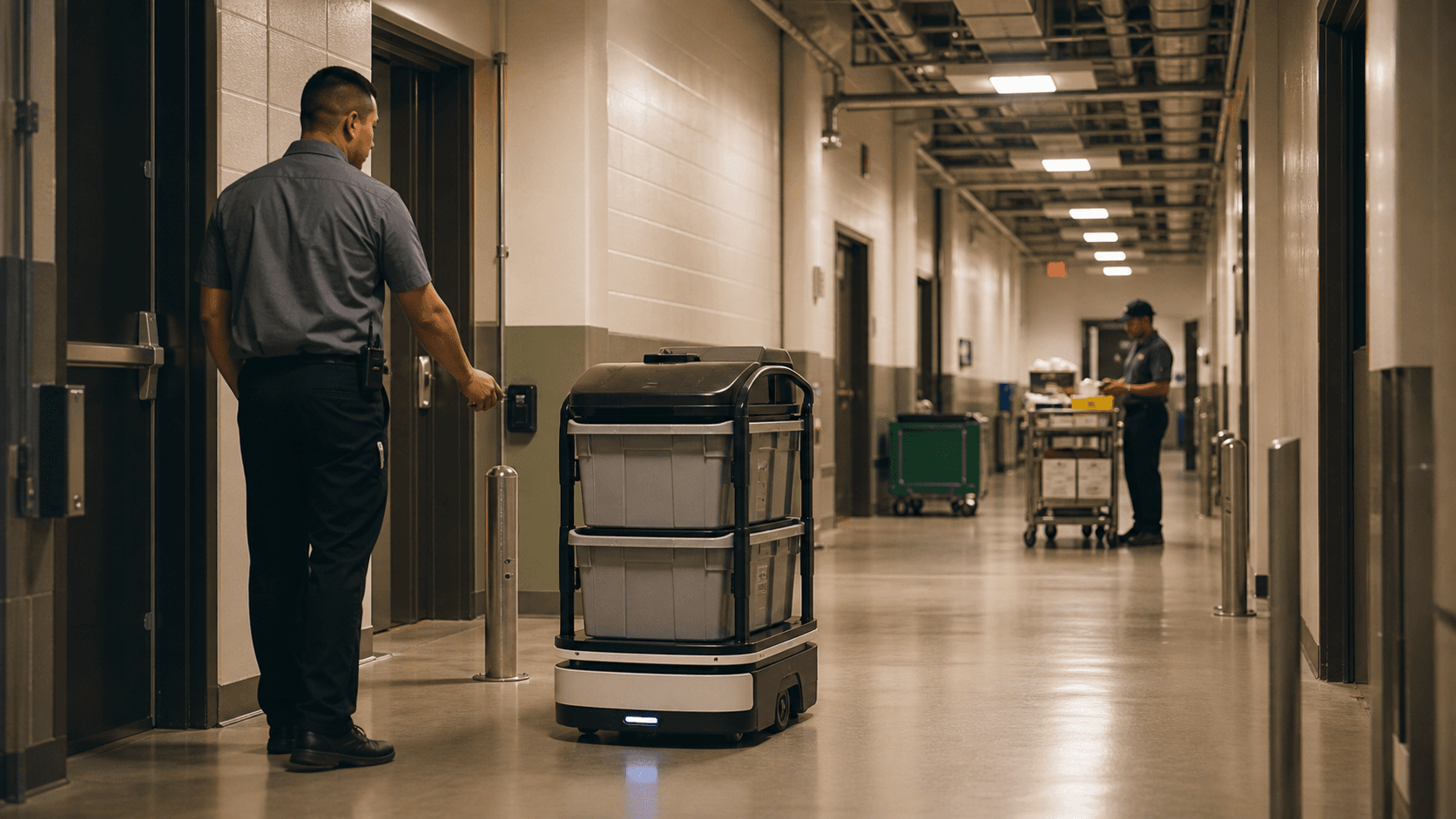 Airport operations staff supervising a courier robot moving sealed supply bins through a secure service corridor.