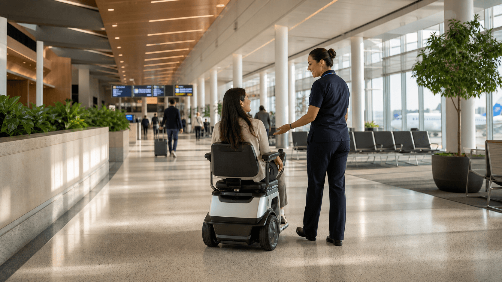Airport accessibility staff supervising autonomous passenger mobility assistance in a terminal.