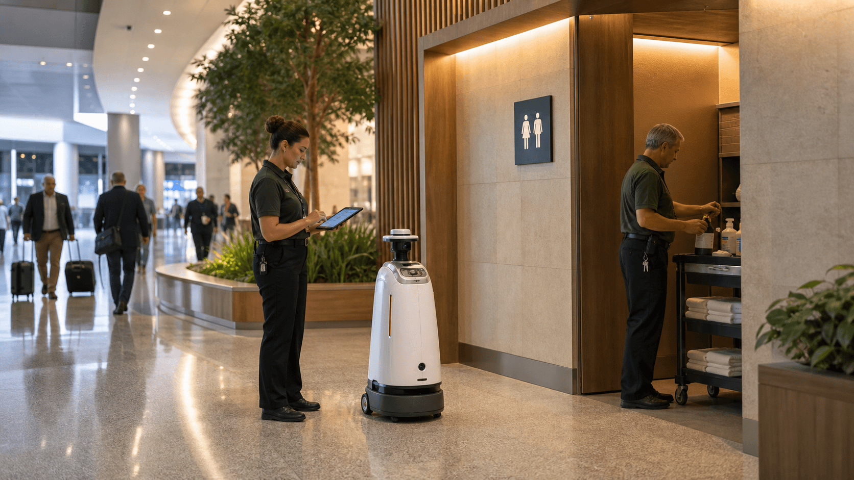 Airport facilities staff supervising privacy-safe restroom monitoring and cleaning dispatch near a terminal restroom entry.
