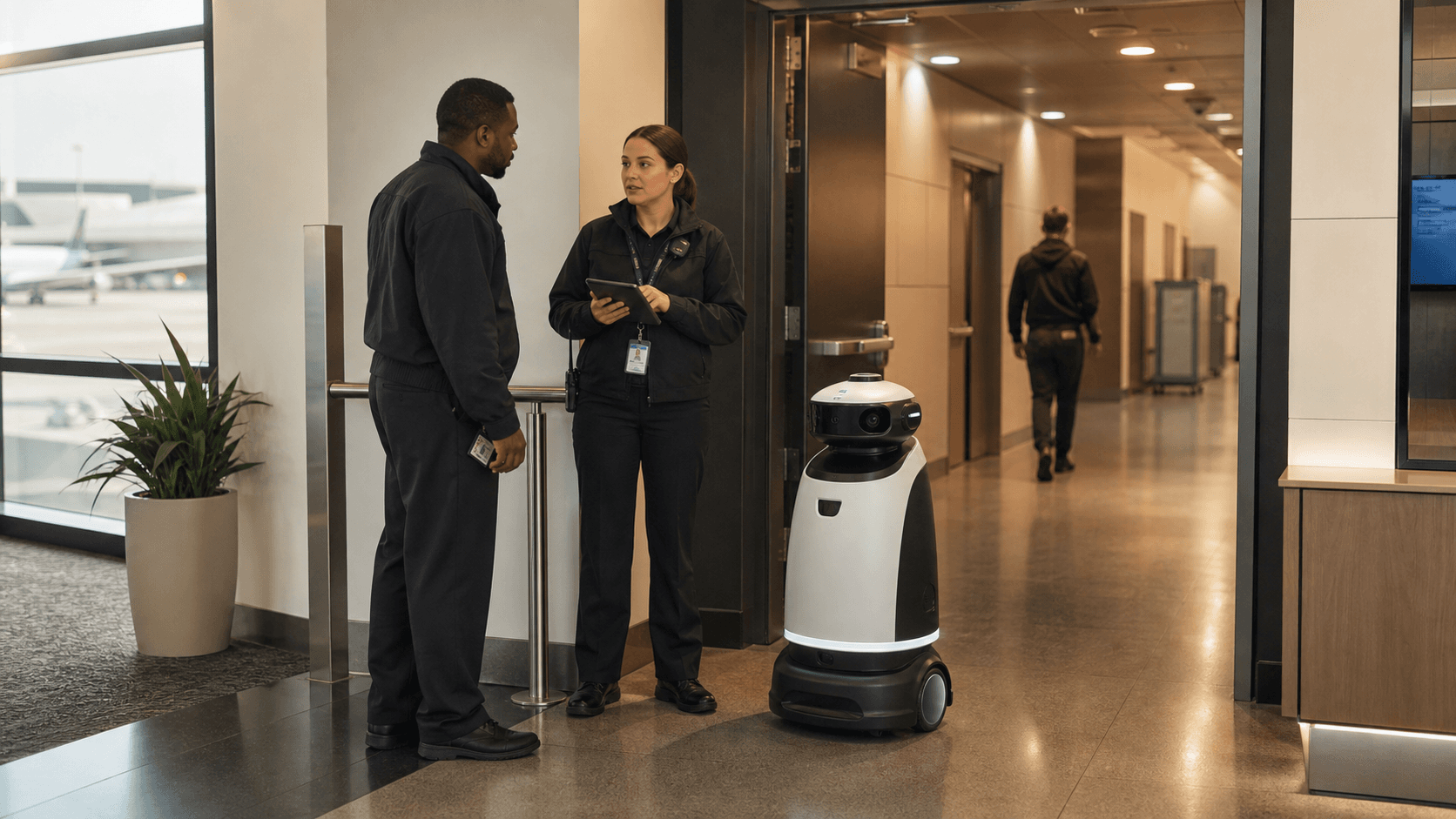 Airport security and operations staff supervising a patrol robot near a restricted service door.