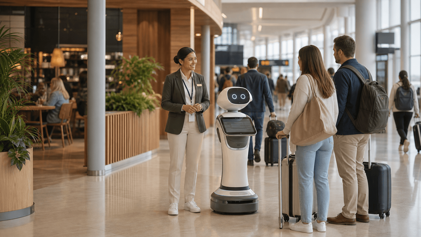 Airport passenger-experience staff supervising a guide robot helping travelers navigate a terminal.