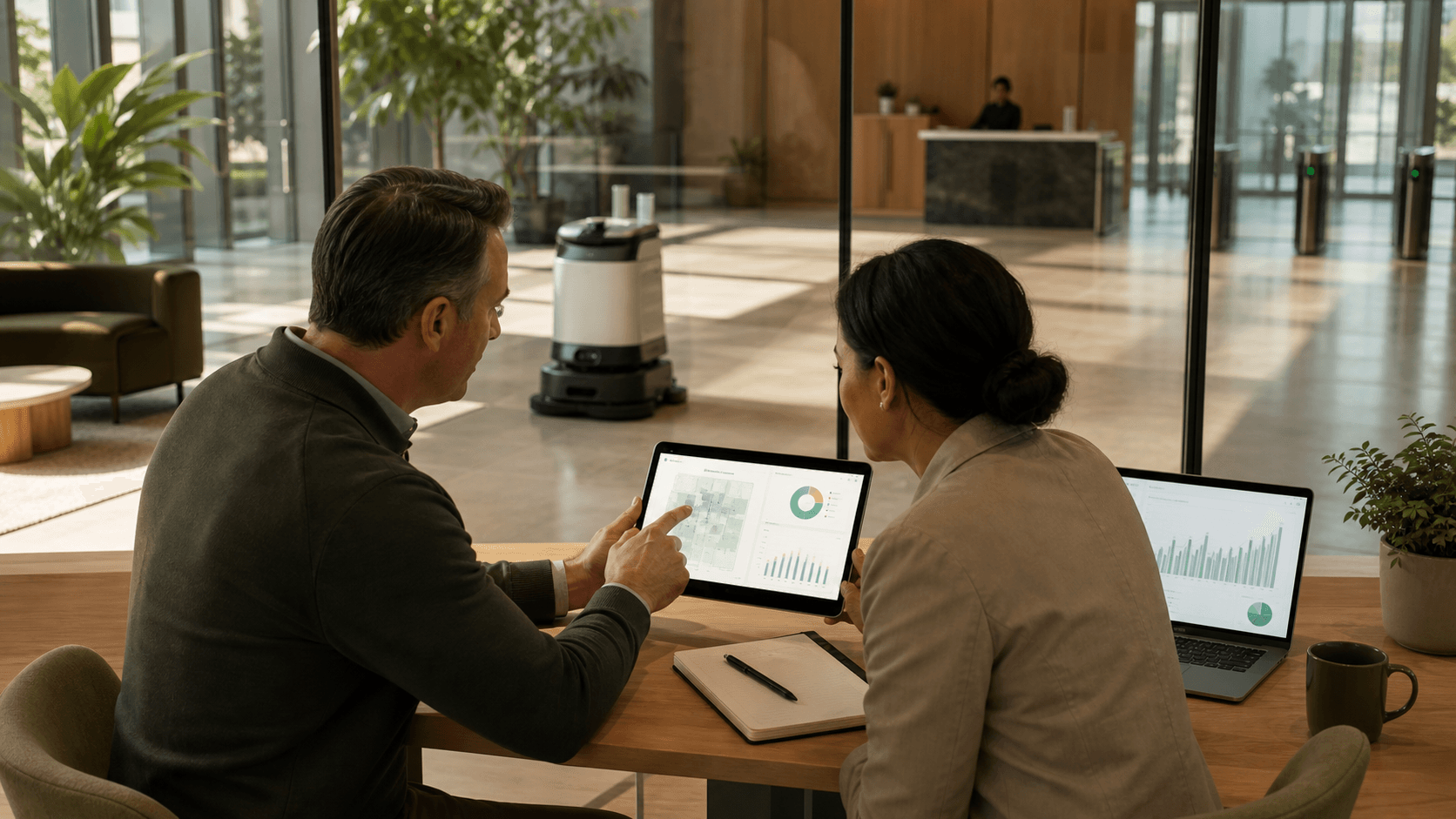 Facility services leaders reviewing cleaning coverage analytics while a supervised cleaning robot operates nearby.