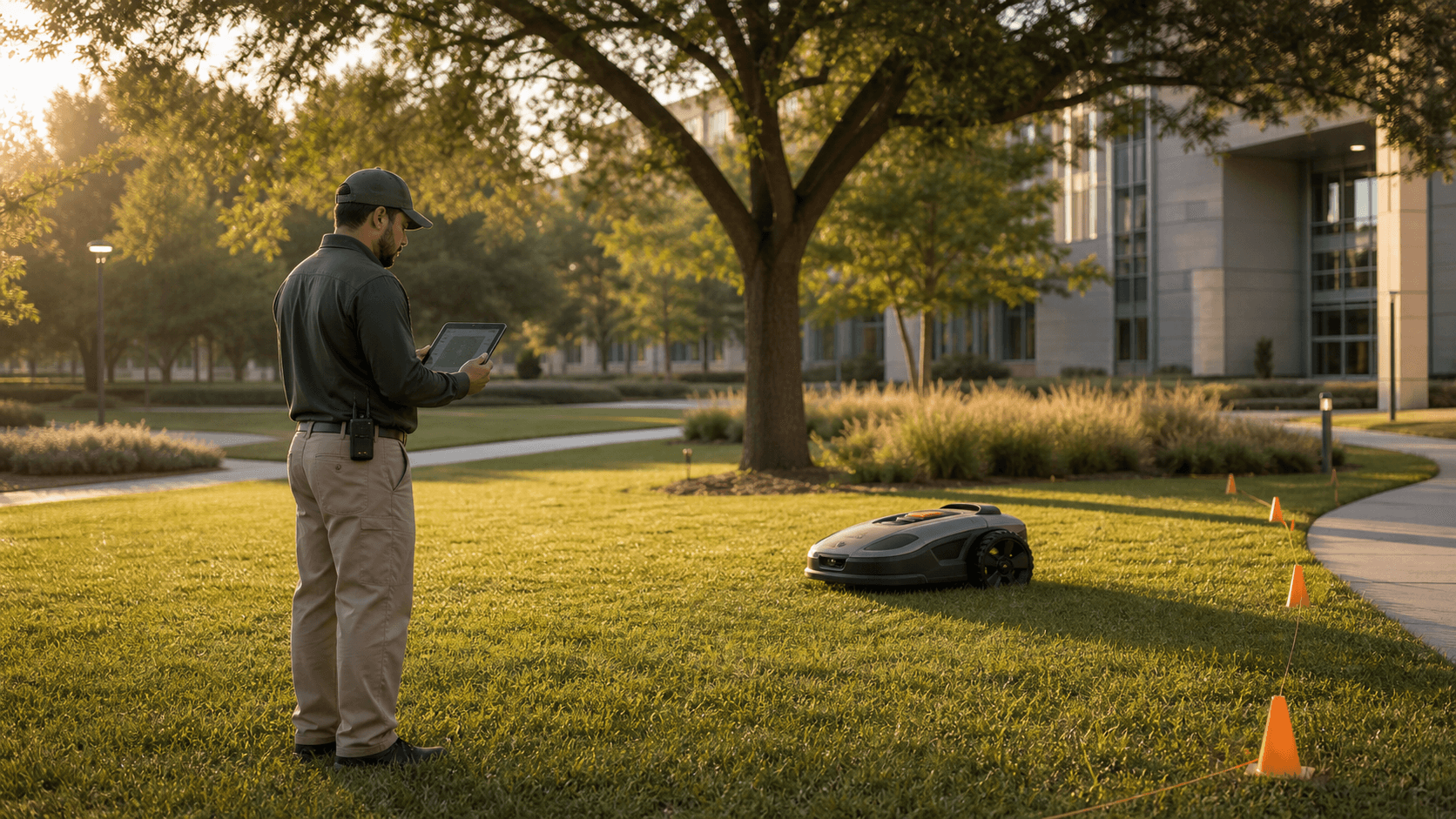 Grounds supervisor monitoring a commercial robotic mower on a managed campus lawn.