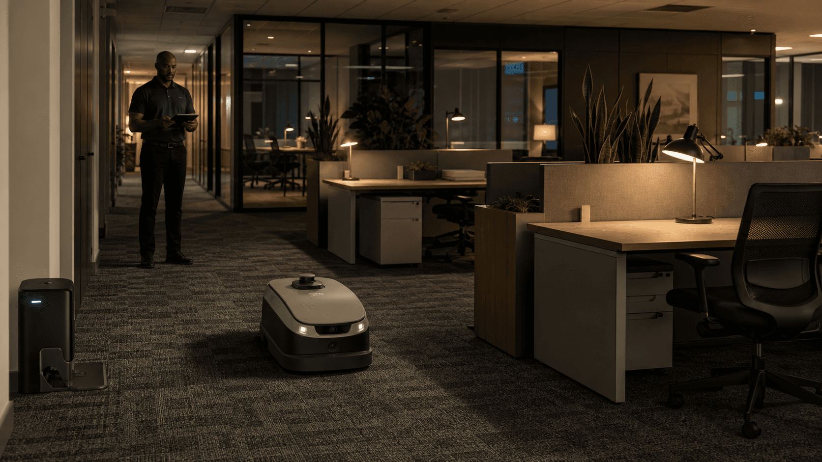 Night cleaning supervisor monitoring an autonomous vacuuming robot on a carpeted commercial office floor.