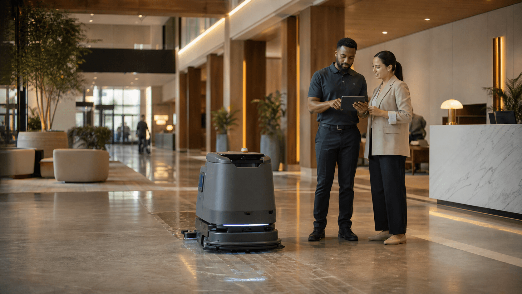Facilities and janitorial leaders supervising an autonomous floor scrubber in a large commercial lobby.
