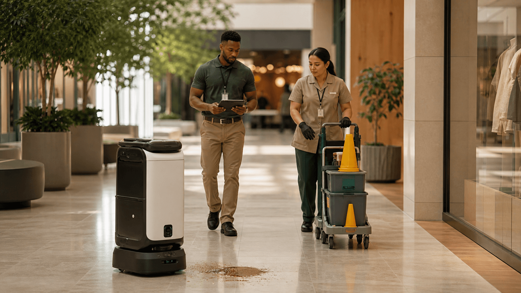 Facilities safety staff responding to a small floor hazard flagged by a supervised mobile robot.