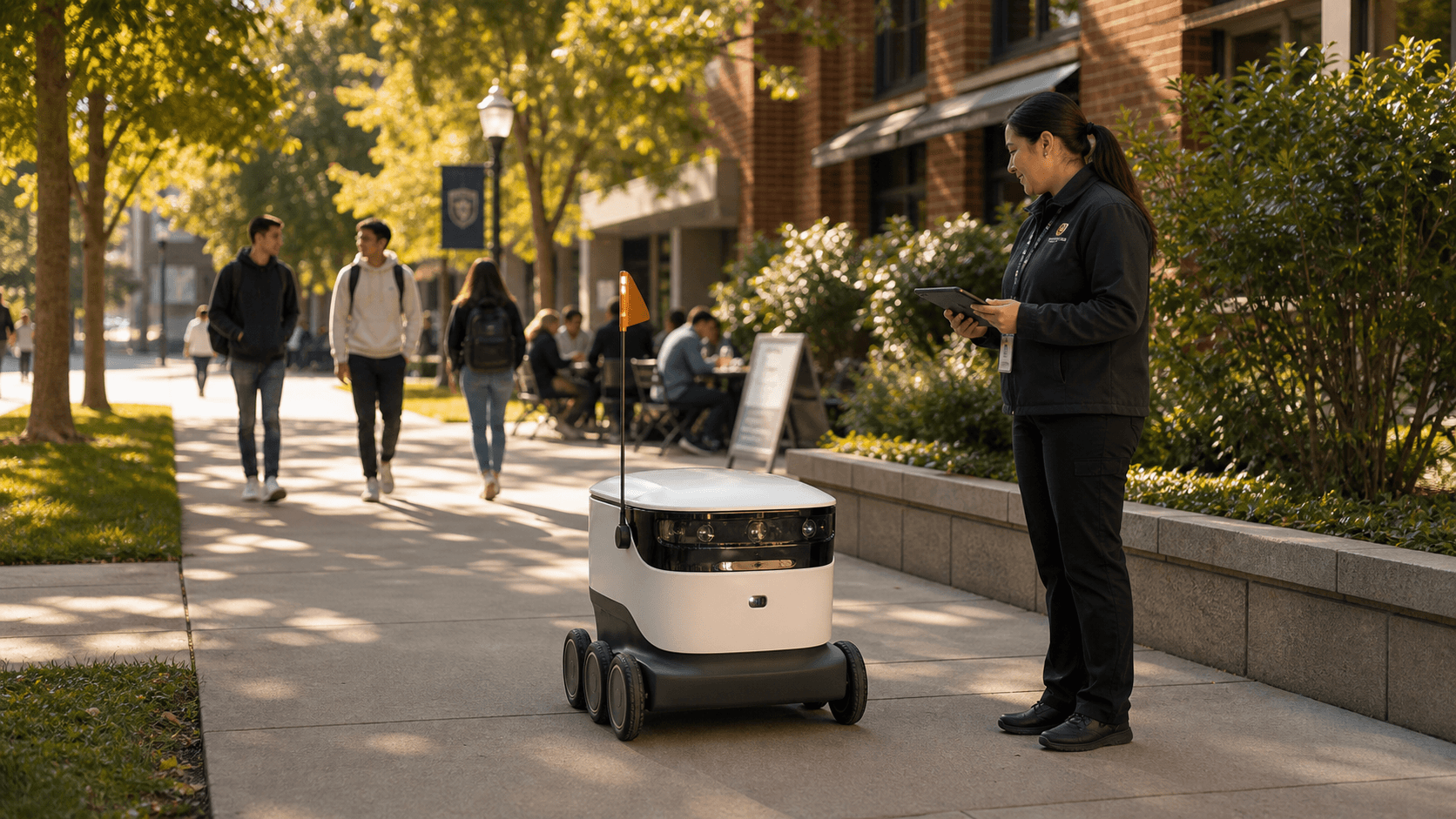 Campus dining operations staff supervising a sidewalk food delivery robot on a controlled campus route.