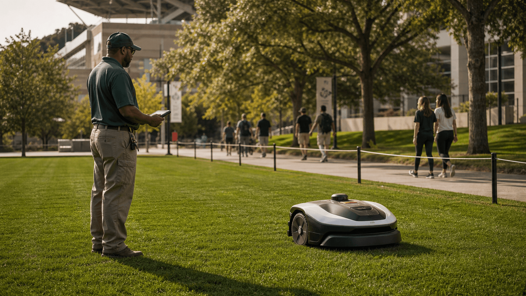 Grounds staff supervising a robotic mower on managed campus turf with public-safe boundaries.