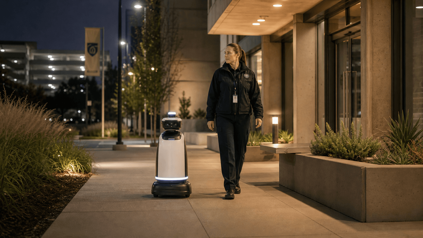 Campus public-safety staff supervising a patrol robot near a venue entrance and walkway.