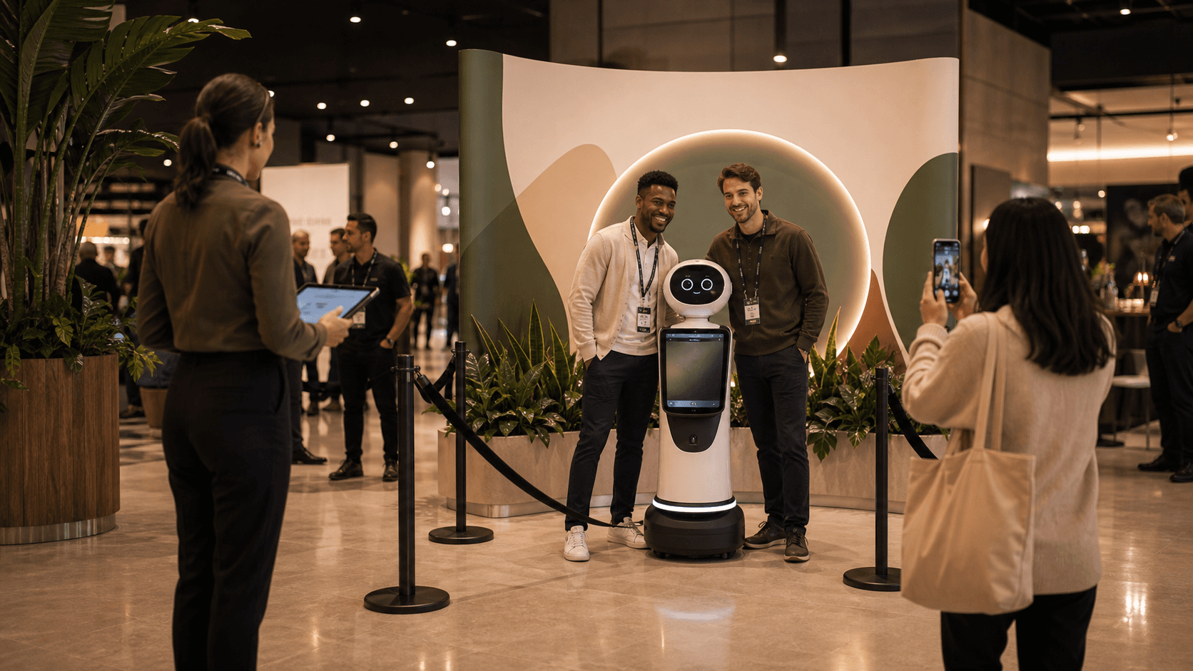 Event staff supervising a controlled sponsor activation robot interaction area in a convention venue.