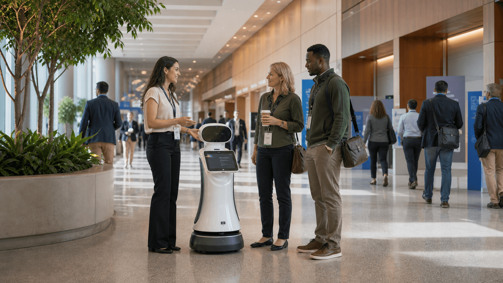 Event staff supervising a guide robot helping attendees navigate a convention center concourse.