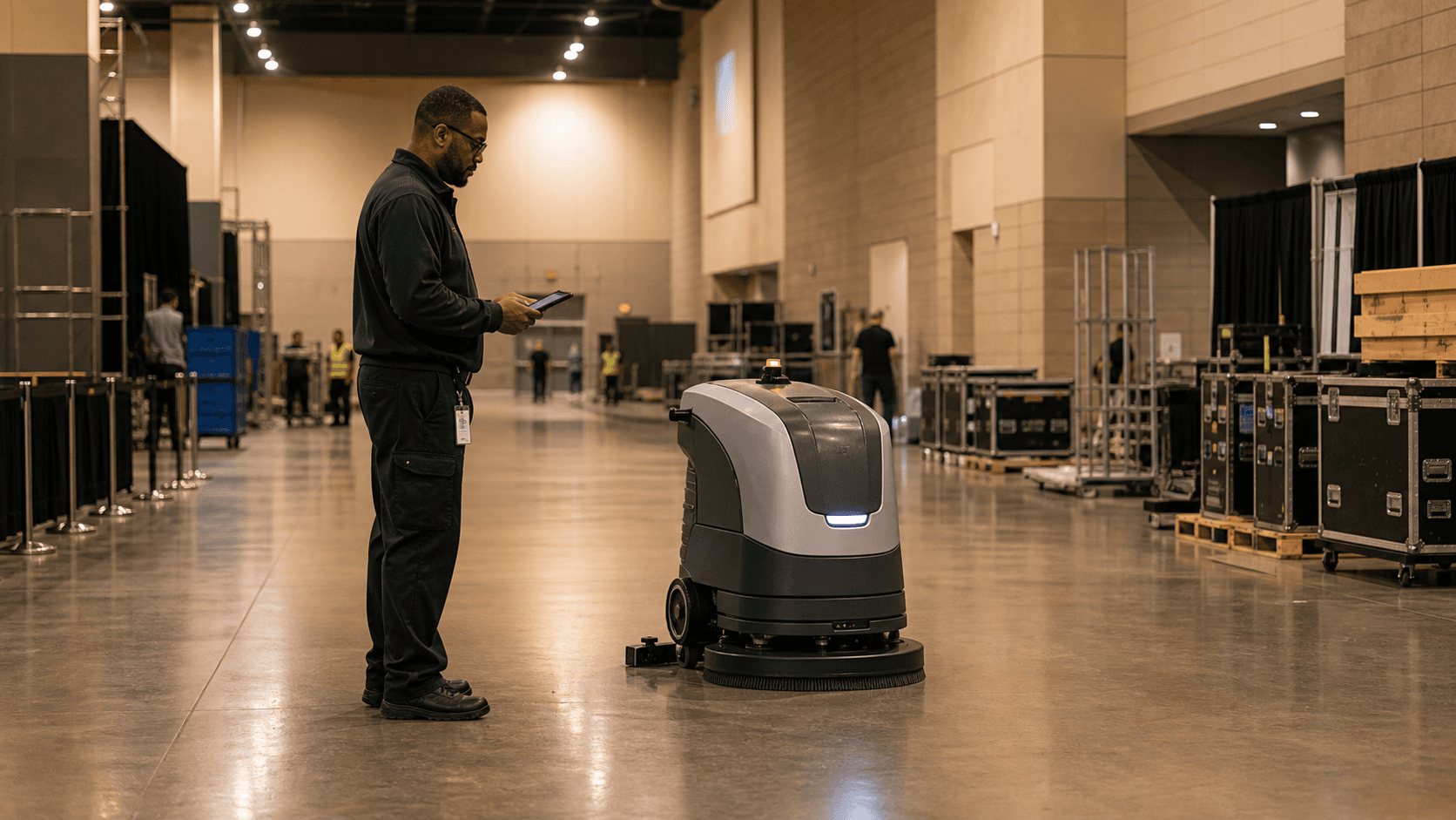 Venue operations staff supervising an autonomous floor-cleaning robot in a convention hall turnover window.
