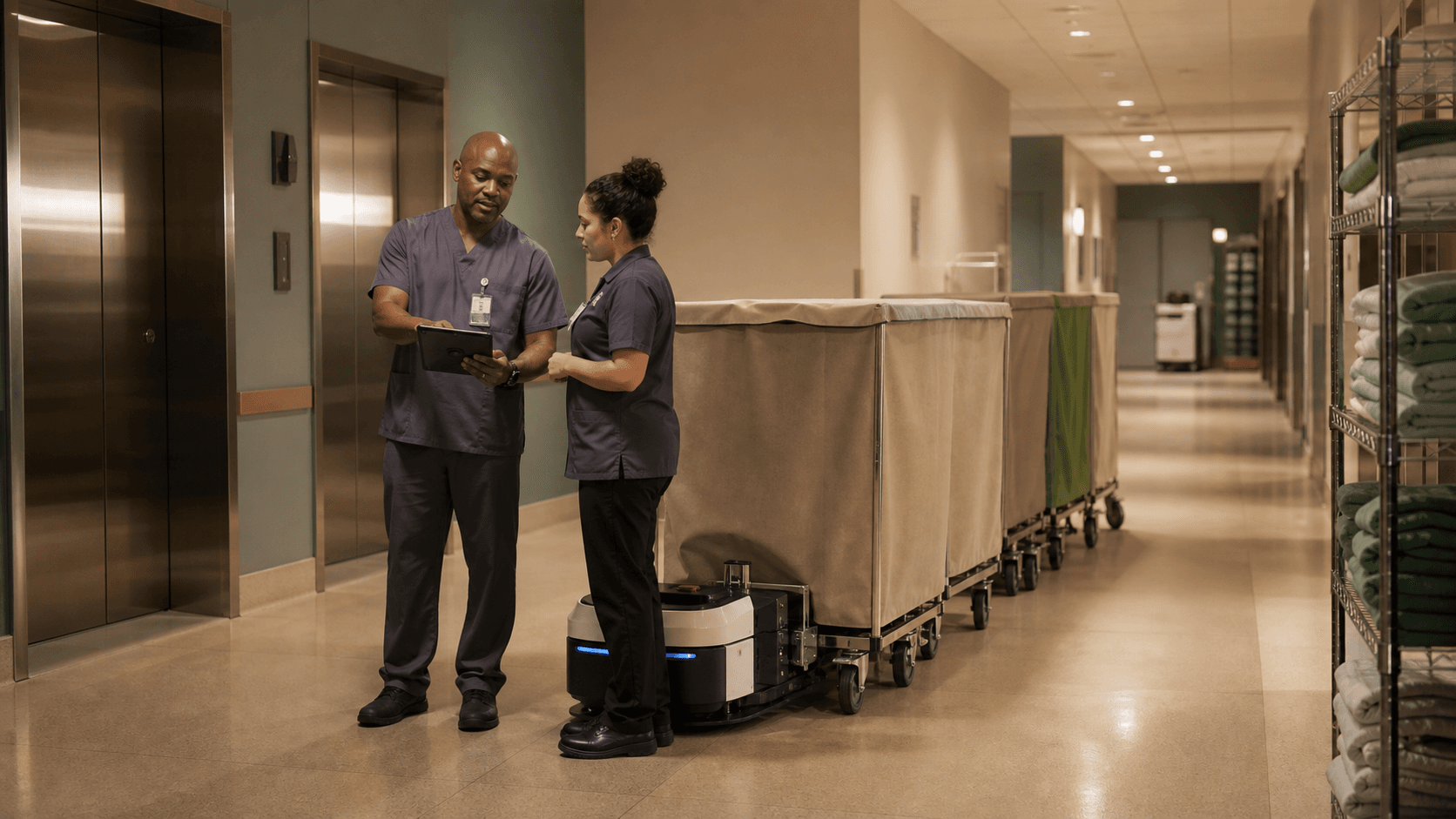 Hospital support-services staff supervising a tug robot moving covered carts through a back-of-house route.