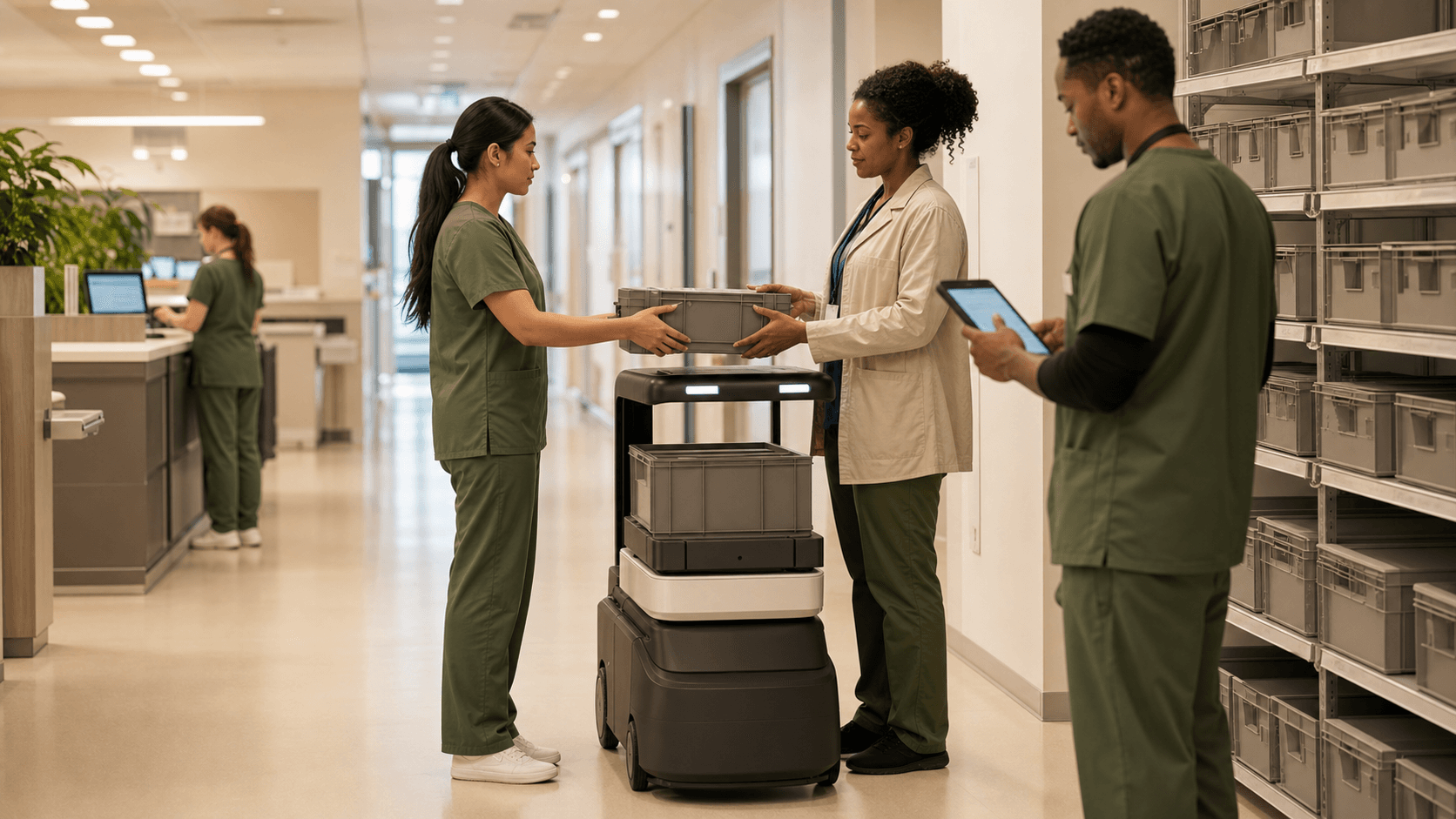 Hospital pharmacy and operations staff supervising a sealed courier robot handoff in a support corridor.