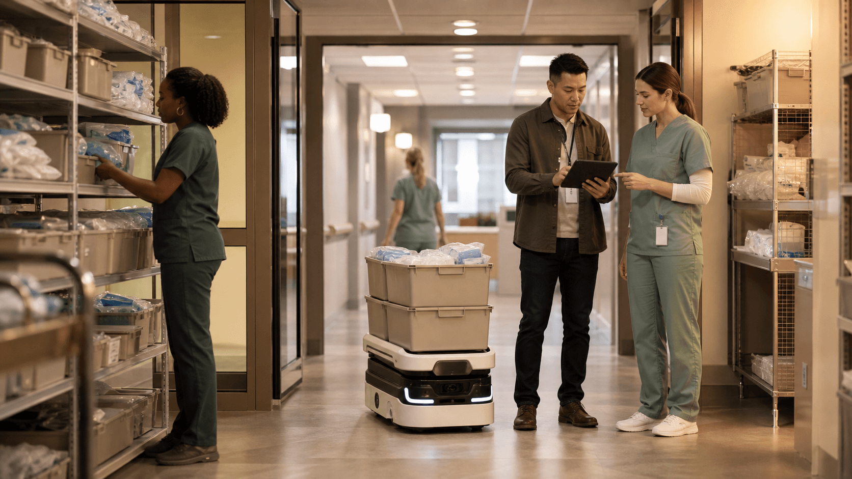 Hospital supply chain and nursing operations staff supervising a robot moving sealed PPE and supply bins.