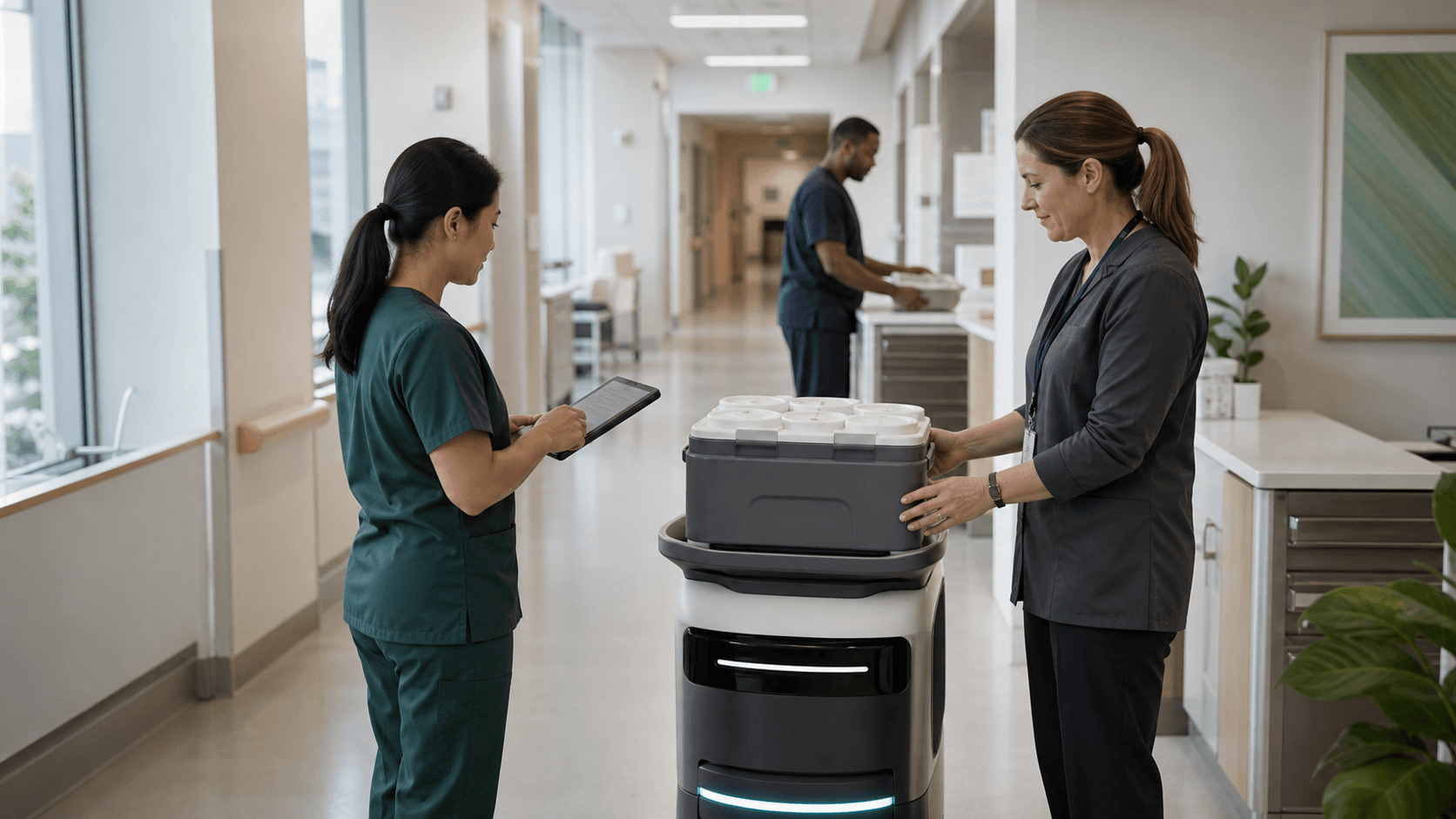 Lab operations staff supervising a hospital courier robot with sealed specimen transport containers.