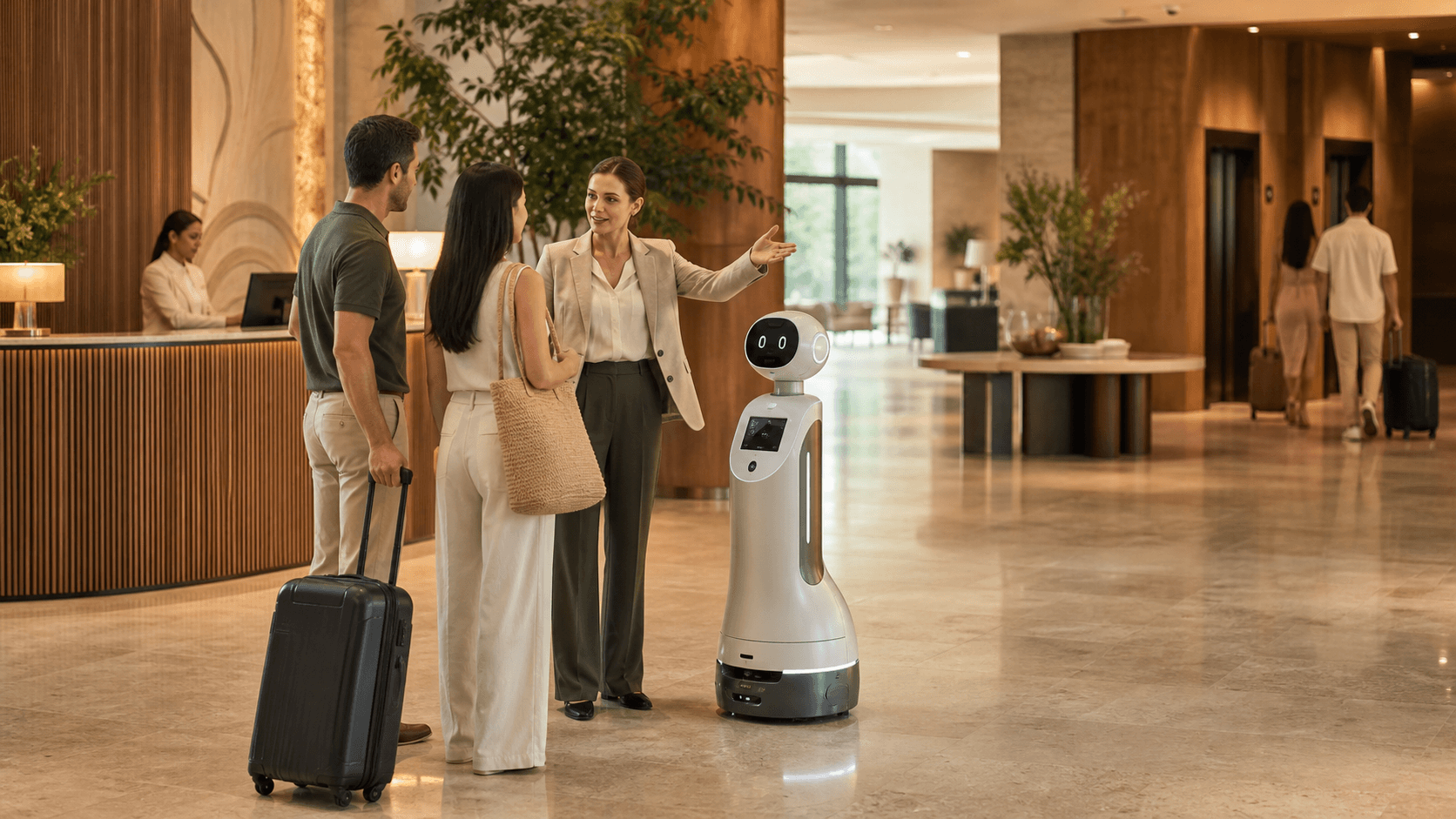 Hotel concierge supervising a guide robot while helping guests navigate through a warm resort lobby.