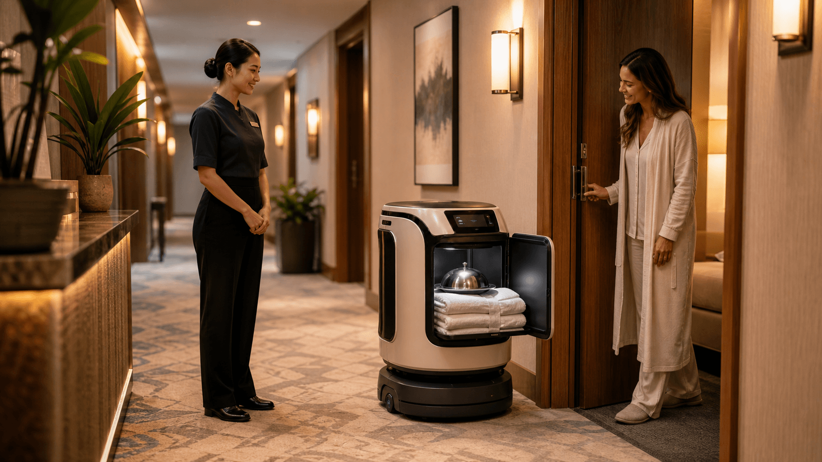 Hotel associate supervising a delivery robot bringing towels and a covered room-service item to a guest-room door.