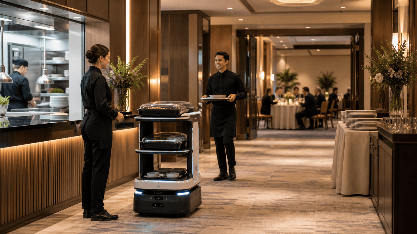 Banquet staff supervising a tray delivery robot moving covered trays from a hotel service corridor toward an event room.