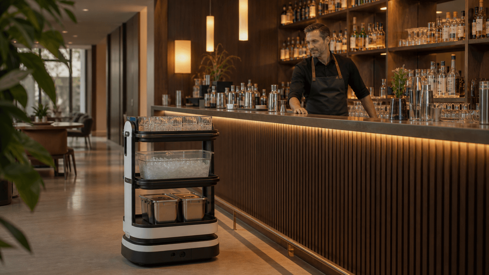 Bar manager supervising a courier robot carrying clean glassware and supplies near an upscale bar.