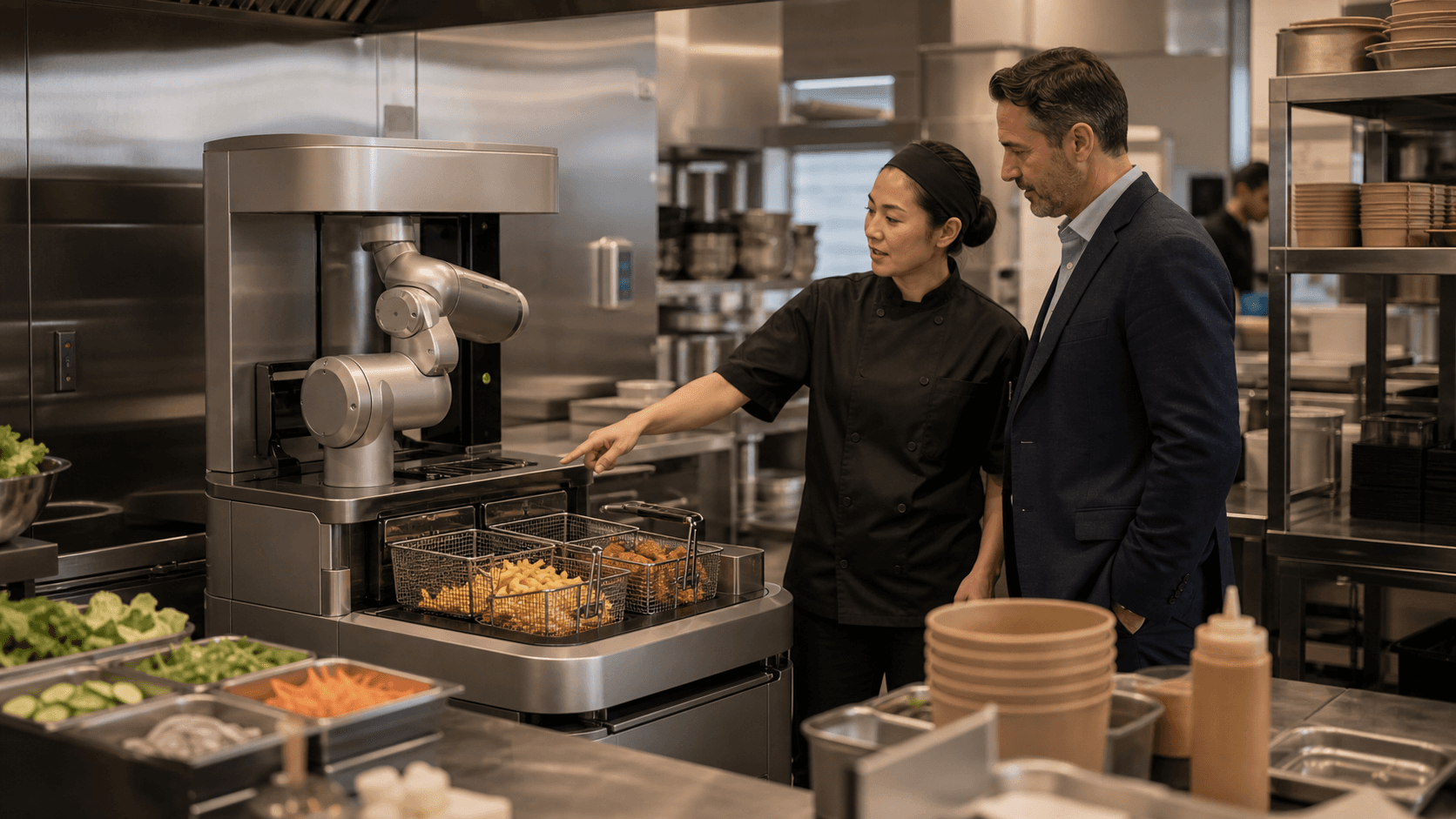 Restaurant operator and kitchen lead evaluating a prep automation system in a clean commercial kitchen.