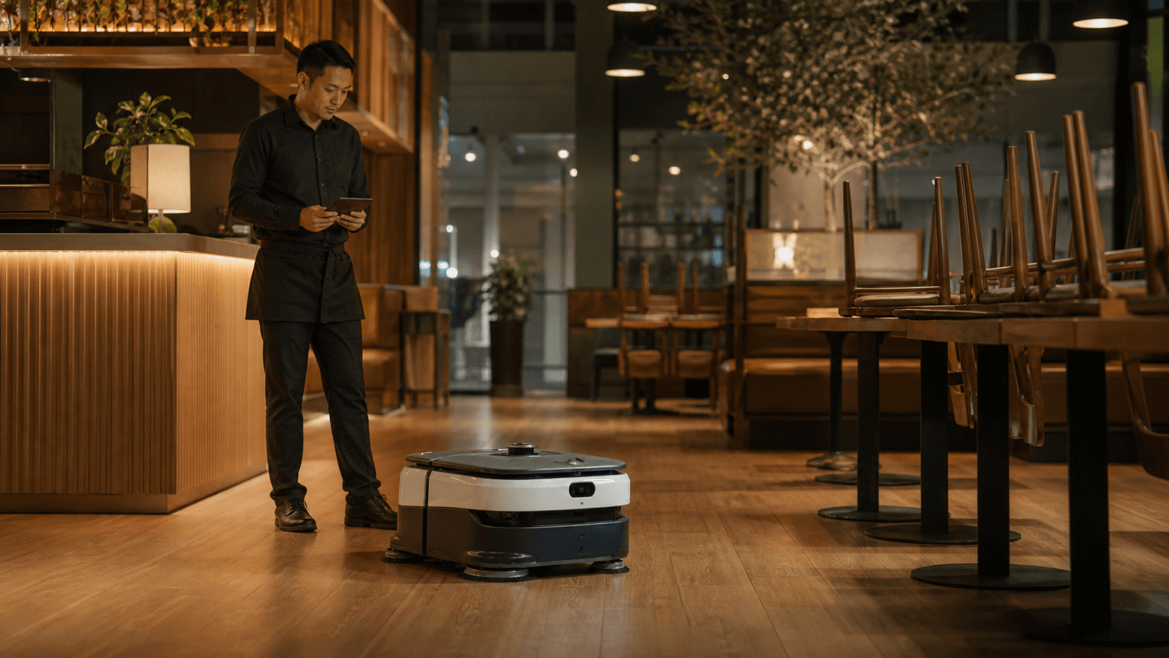 Restaurant manager supervising an autonomous floor-cleaning robot after close in a warm dining room.