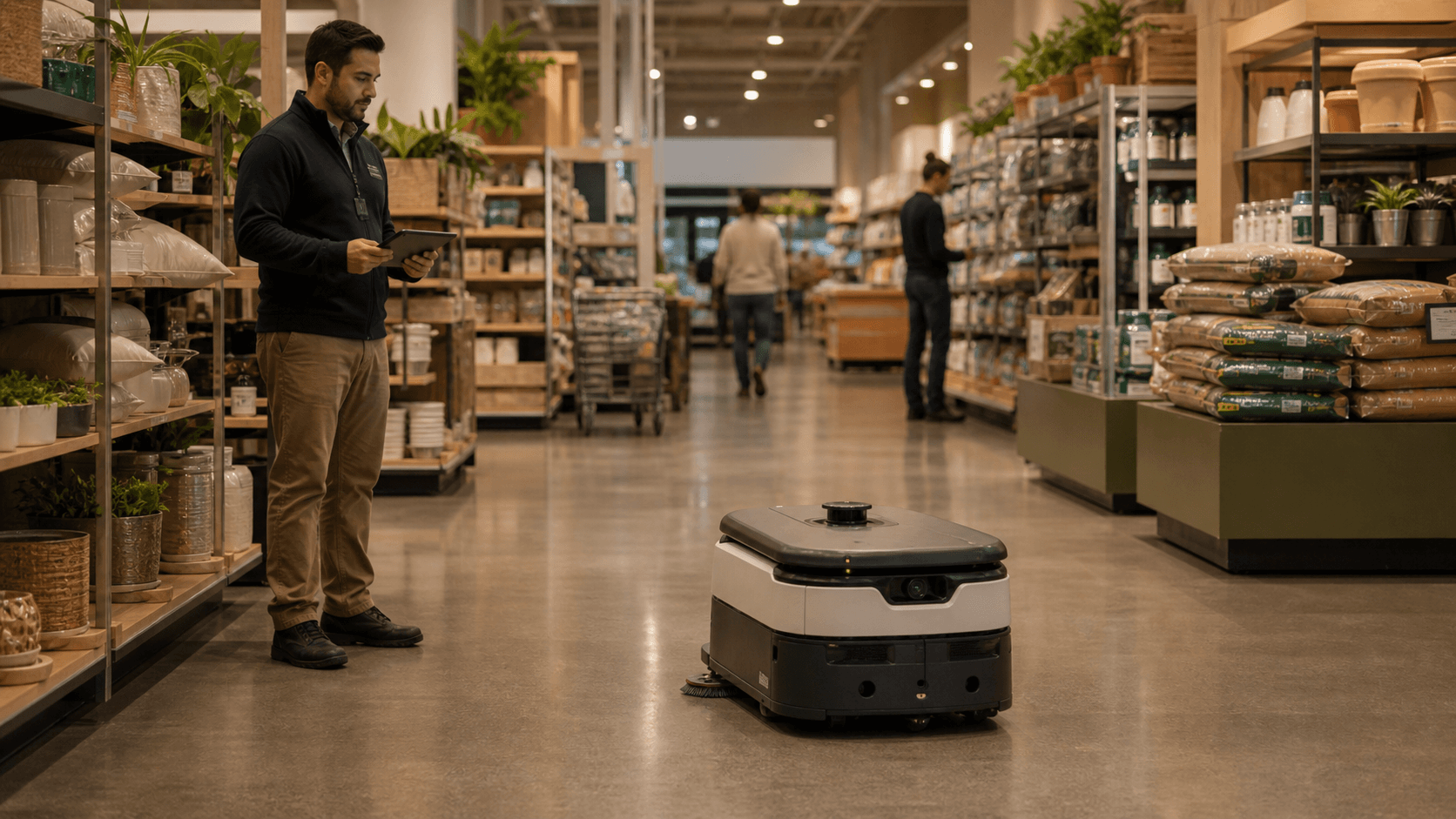 Retail facilities staff supervising a floor-cleaning robot in a wide store aisle.
