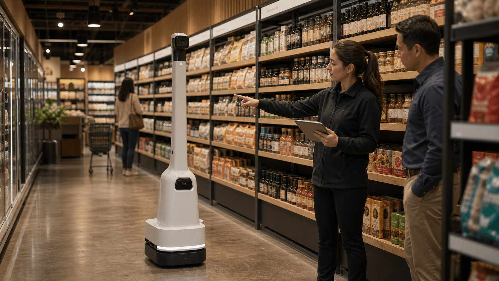 Store associates supervising a shelf inventory scanning robot in a warm retail aisle.