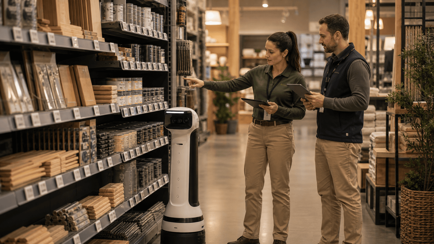 Retail associates supervising a shelf-audit robot near product labels in a specialty store aisle.