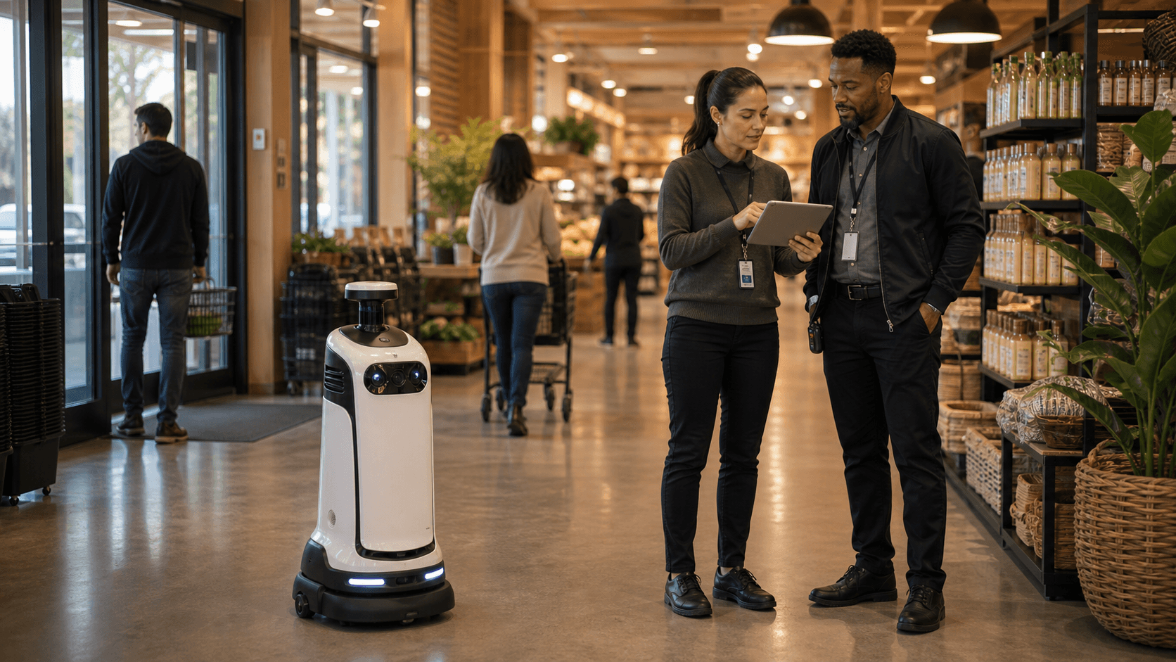Asset-protection staff supervising a patrol robot near a retail entrance and storefront corridor.