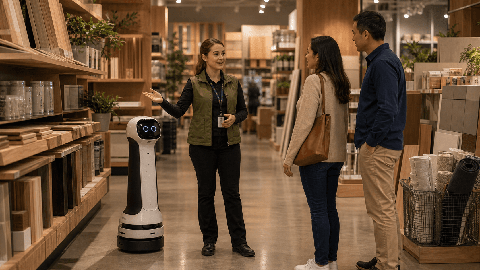 Retail associate supervising a customer-assist robot helping a shopper navigate a warm store aisle.