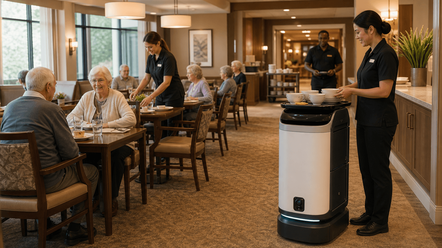 Senior living dining staff supervising a bussing robot returning used dishes toward a service area.