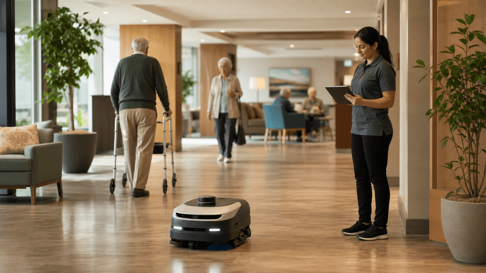 Housekeeping staff supervising a floor-cleaning robot in a warm senior living common corridor.