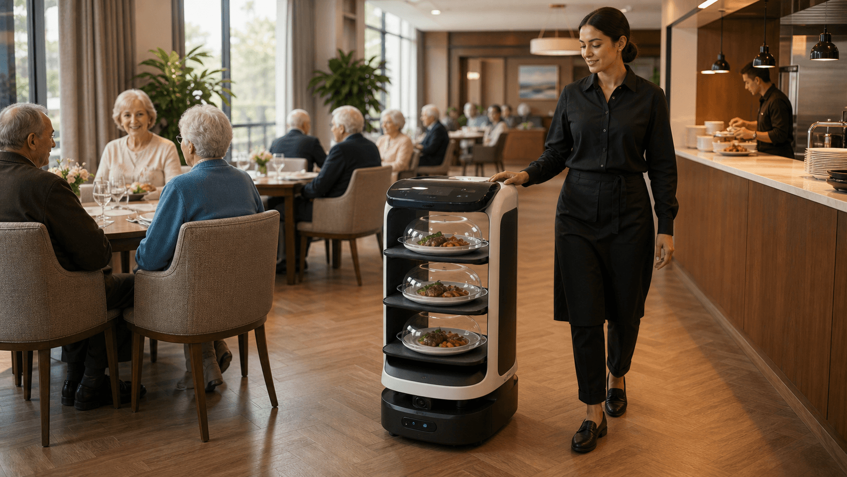 Senior living dining staff supervising a tray delivery robot carrying covered meals through a warm dining room.