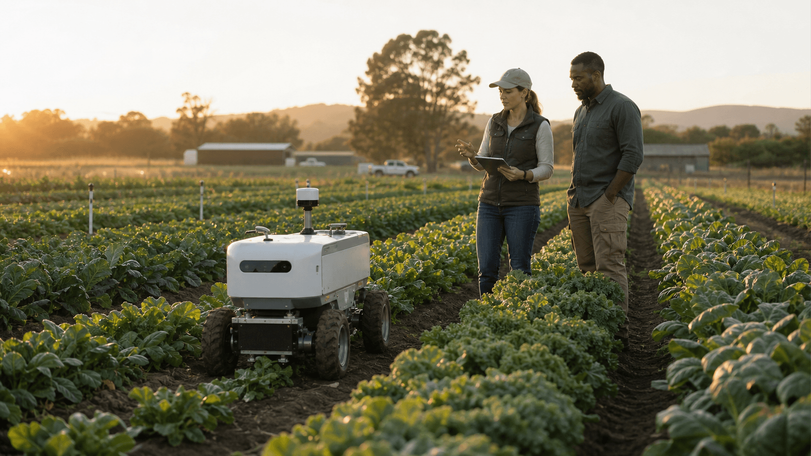 Farm operations team supervising a compact autonomous spot sprayer in specialty crop rows.