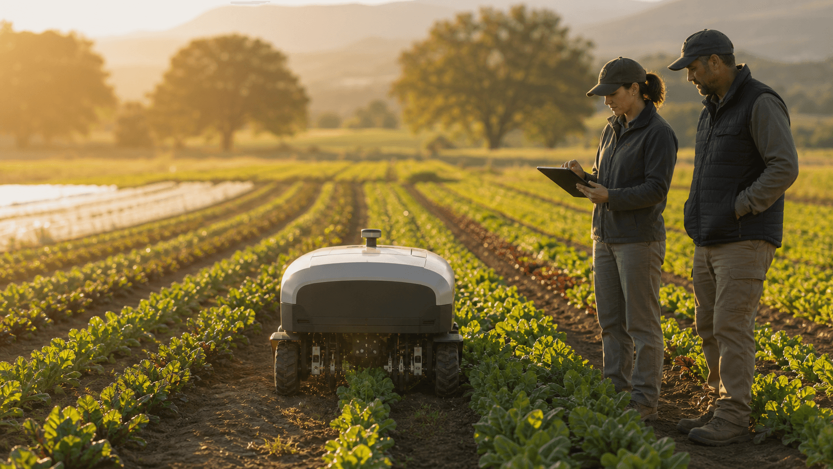 Grower and field operations lead supervising an autonomous weeding robot between specialty crop rows.