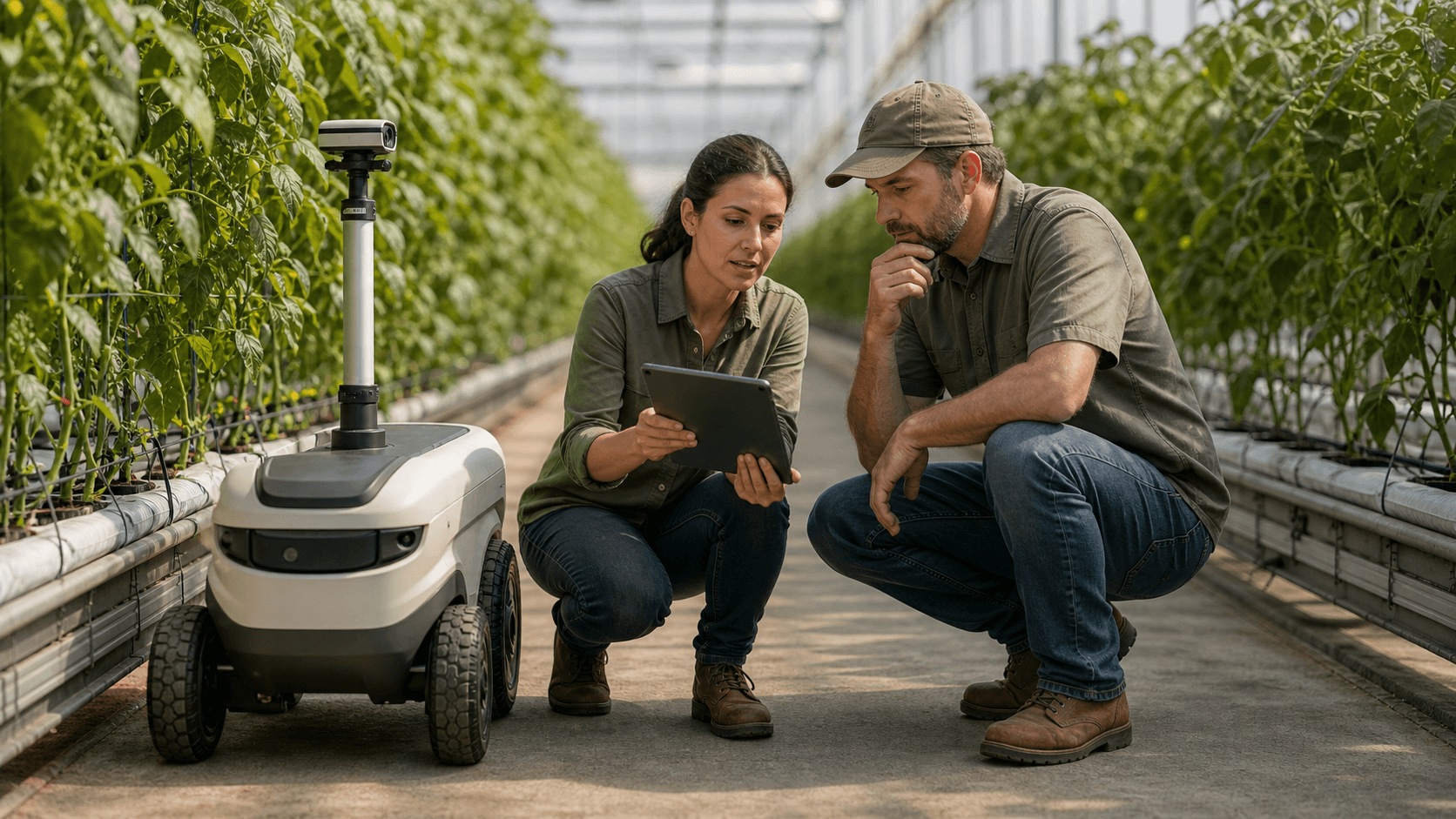 Agronomist and farm manager supervising a crop scouting robot in a greenhouse crop row.