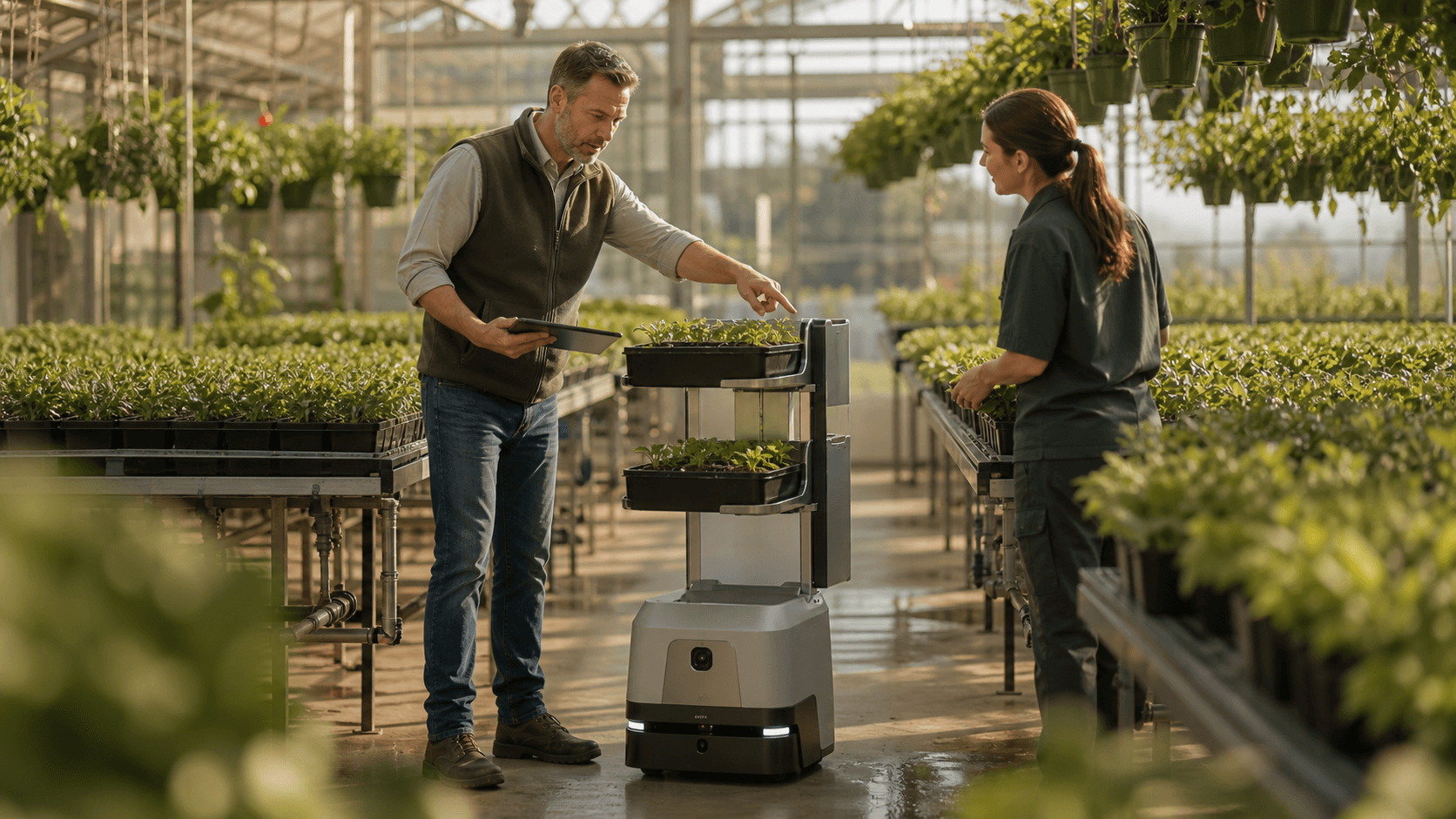 Greenhouse operator supervising a compact courier robot moving plant trays through a controlled-environment aisle.
